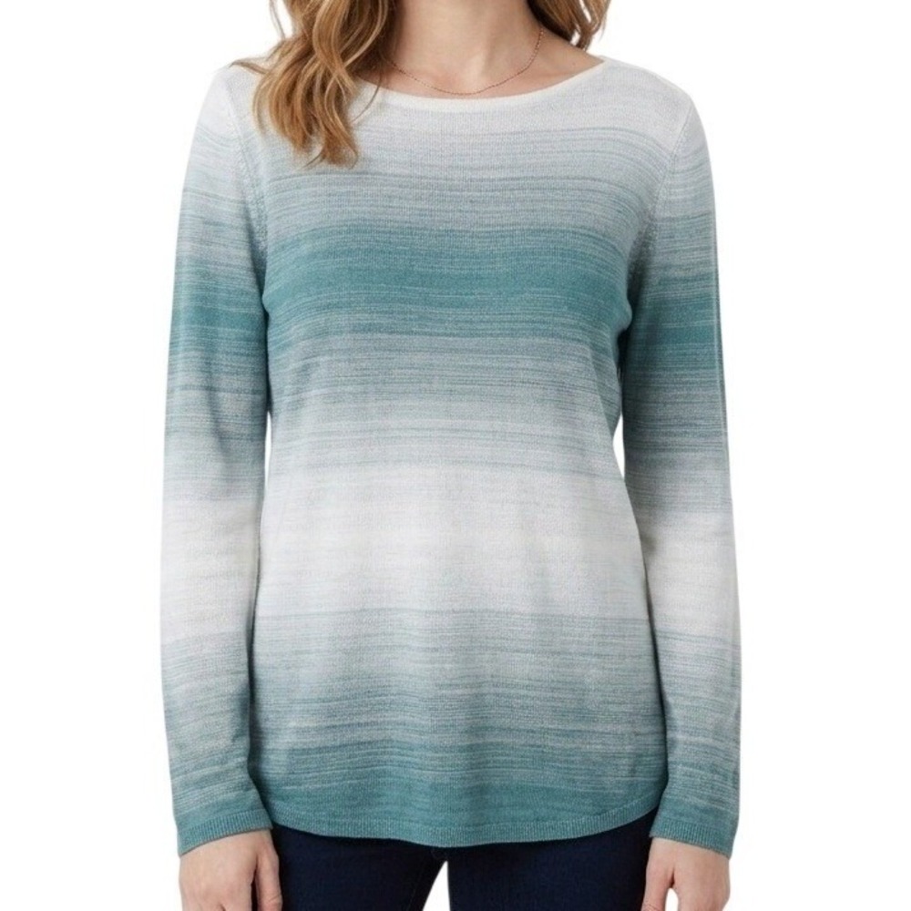 Chico's Ombre Stripe Sweater‎ Women Size 1 Medium Teal White Boat Neck Knit Top